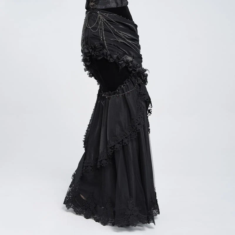 Gothic-Rock mit Rosenkette, asymmetrischem Faltenrock im Meerjungfrauenstil für Damen