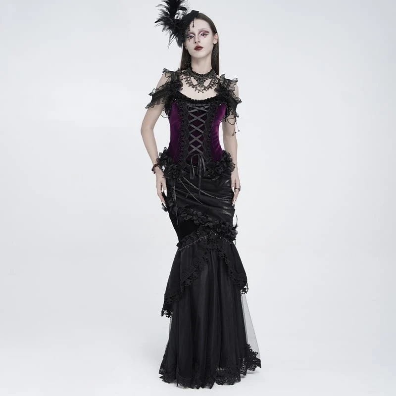 Gothic-Rock mit Rosenkette, asymmetrischem Faltenrock im Meerjungfrauenstil für Damen