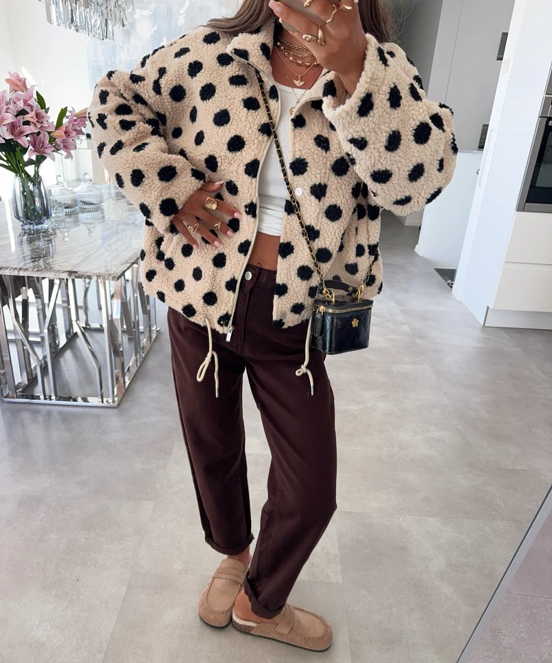 Polka Dot Teddyjacke Wanja Beige
