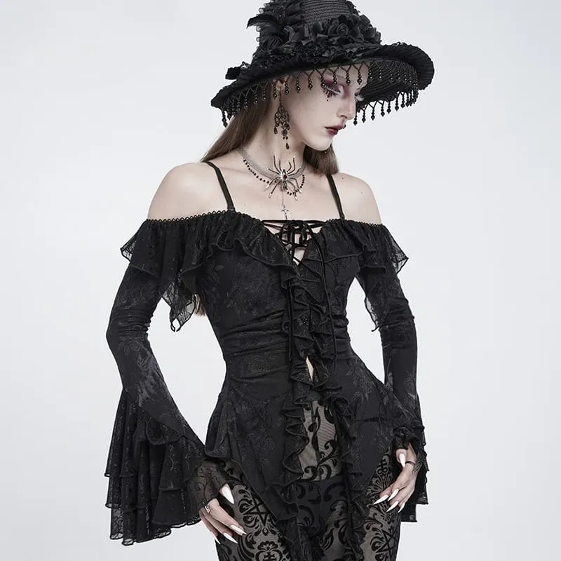 Gothic-Damenoberteil mit Schnürung, Rüschen, schulterfreiem Ausschnitt und ausgestellten Ärmeln