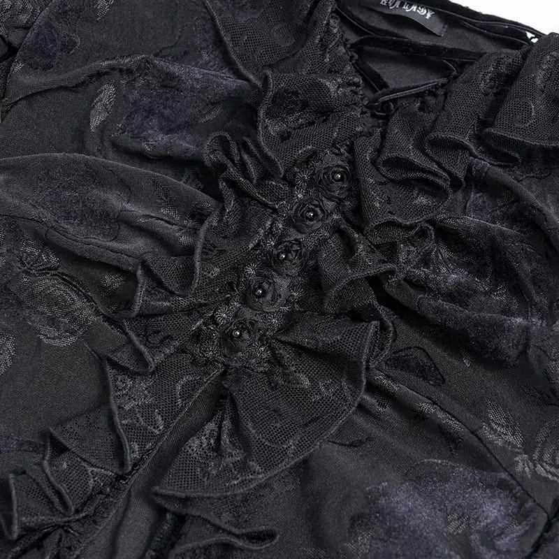 Gothic-Damenoberteil mit Schnürung, Rüschen, schulterfreiem Ausschnitt und ausgestellten Ärmeln