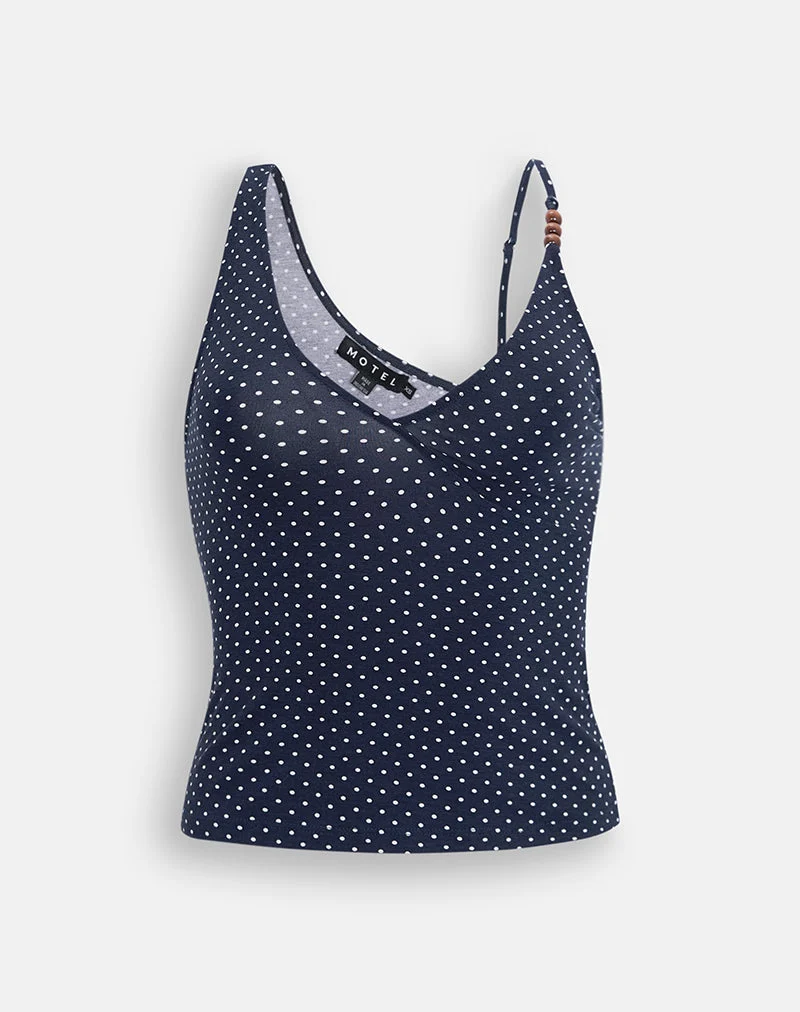 Fara-Top mit Perlen aus Jersey in Marineblau mit Mikro-Polka-Print