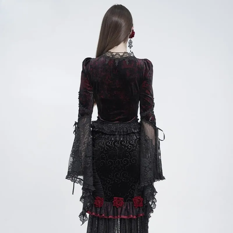 Gothic-Bluse für Damen mit tiefem V-Ausschnitt, Schnürung, floraler Spitze und ausgestellten Ärmeln, Schwarz-Rot