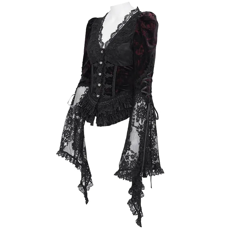 Gothic-Bluse für Damen mit tiefem V-Ausschnitt, Schnürung, floraler Spitze und ausgestellten Ärmeln, Schwarz-Rot