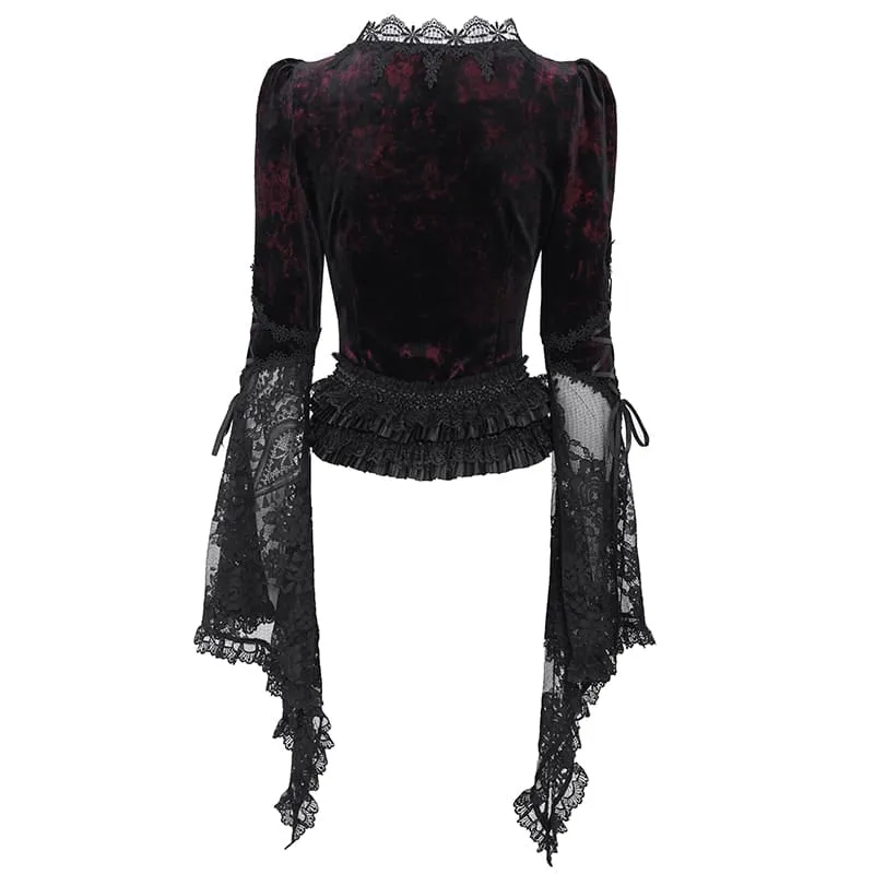 Gothic-Bluse für Damen mit tiefem V-Ausschnitt, Schnürung, floraler Spitze und ausgestellten Ärmeln, Schwarz-Rot