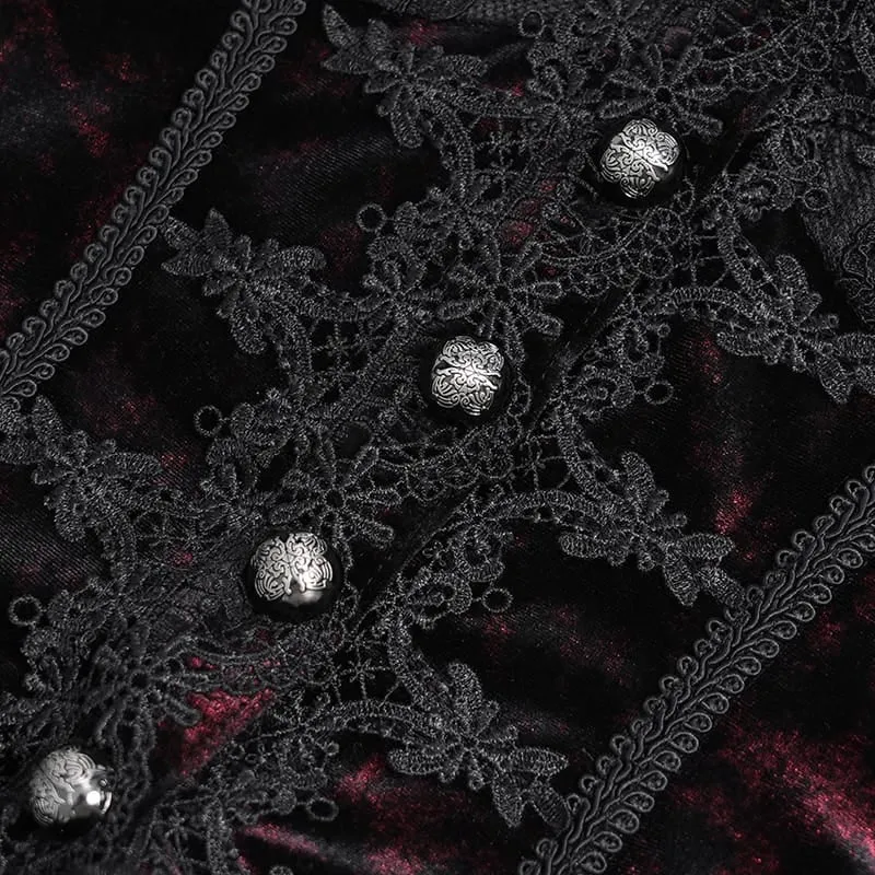 Gothic-Bluse für Damen mit tiefem V-Ausschnitt, Schnürung, floraler Spitze und ausgestellten Ärmeln, Schwarz-Rot