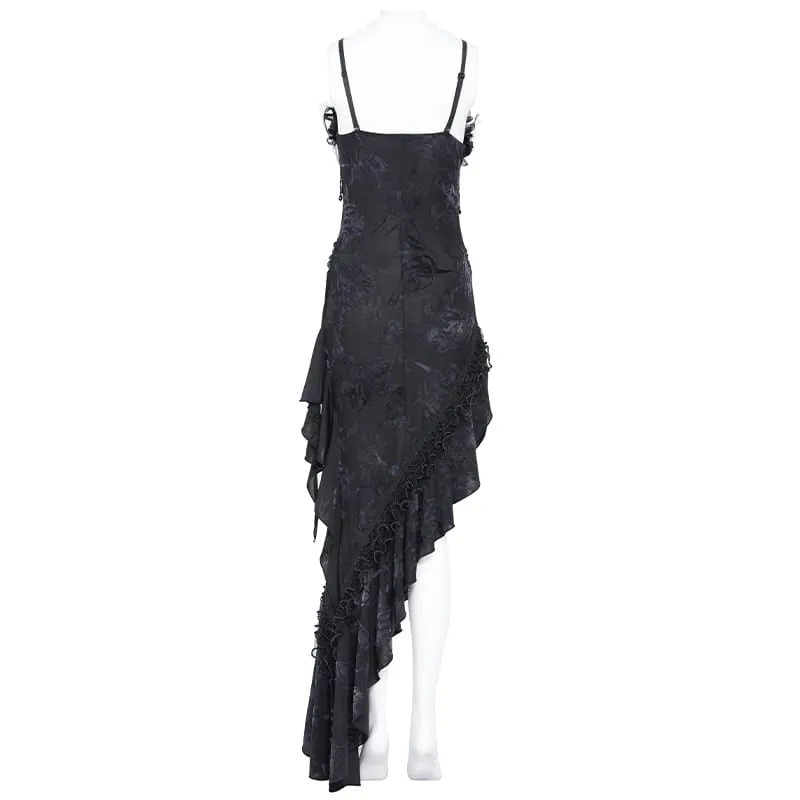 Gothic-Kleid für Damen mit Rosenrüschen, Perlenfransen und asymmetrischem Saum – Abschlusskleid