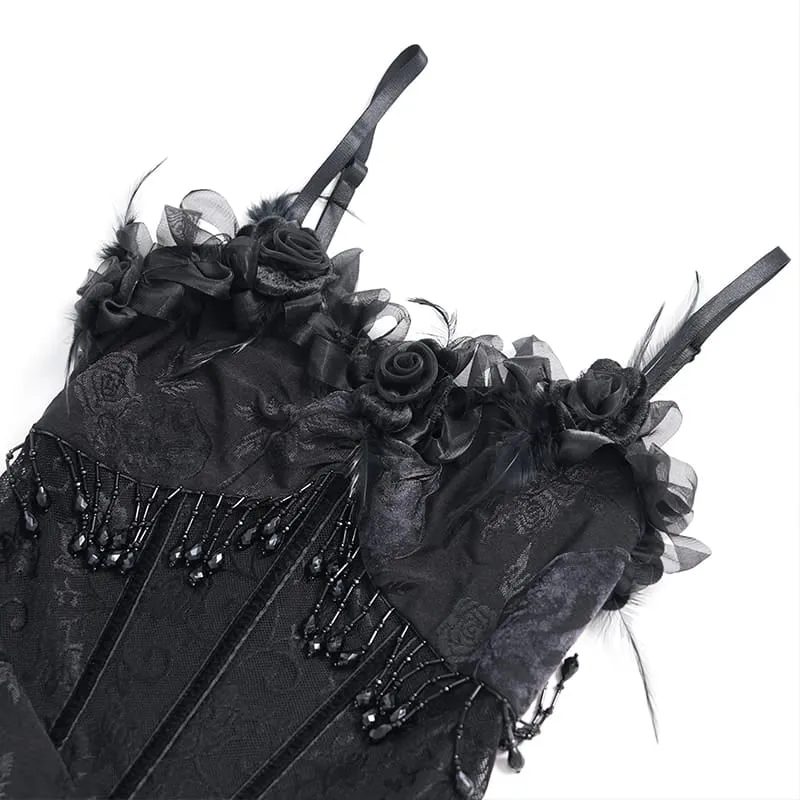Gothic-Kleid für Damen mit Rosenrüschen, Perlenfransen und asymmetrischem Saum – Abschlusskleid