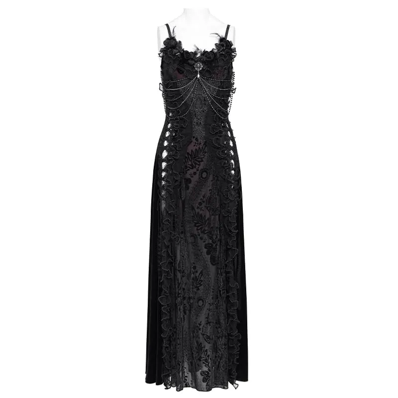 Gothic-Brautkleid für Damen mit Blumenmuster, seitlicher Schnürung, Perlenbesatz, Rüschen und Kettenverzierungen