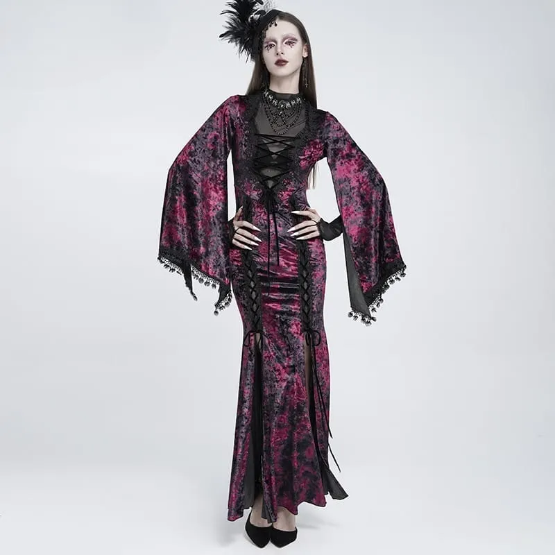 Gothic-Maxikleid aus Samt mit Schnürung, Mesh-Einsätzen, tiefem V-Ausschnitt und schwarzer/roter Farbkombination – ideal als Hochzeitskleid.