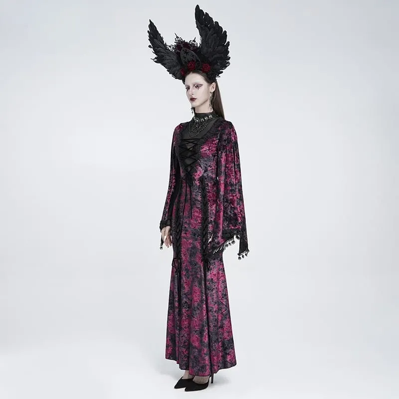 Gothic-Maxikleid aus Samt mit Schnürung, Mesh-Einsätzen, tiefem V-Ausschnitt und schwarzer/roter Farbkombination – ideal als Hochzeitskleid.