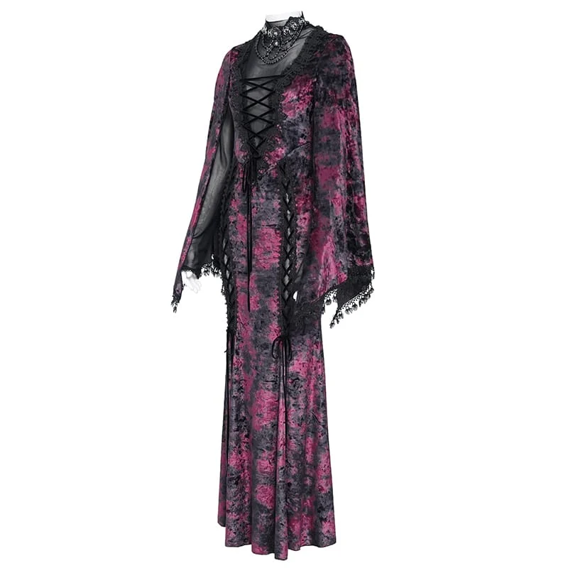 Gothic-Maxikleid aus Samt mit Schnürung, Mesh-Einsätzen, tiefem V-Ausschnitt und schwarzer/roter Farbkombination – ideal als Hochzeitskleid.