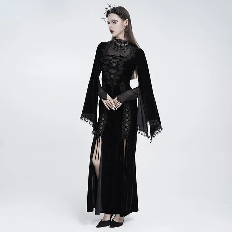 Schwarzes Gothic-Maxikleid aus Samt mit Schnürung, Mesh-Einsätzen, tiefem V-Ausschnitt und ideal als Hochzeitskleid