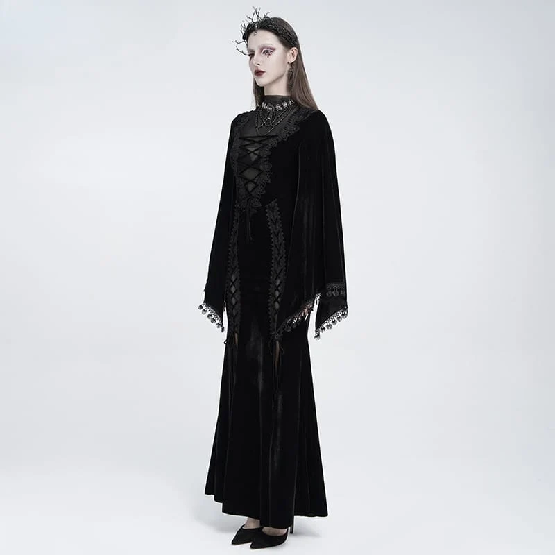 Schwarzes Gothic-Maxikleid aus Samt mit Schnürung, Mesh-Einsätzen, tiefem V-Ausschnitt und ideal als Hochzeitskleid