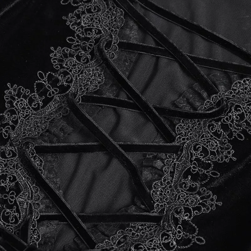 Schwarzes Gothic-Maxikleid aus Samt mit Schnürung, Mesh-Einsätzen, tiefem V-Ausschnitt und ideal als Hochzeitskleid