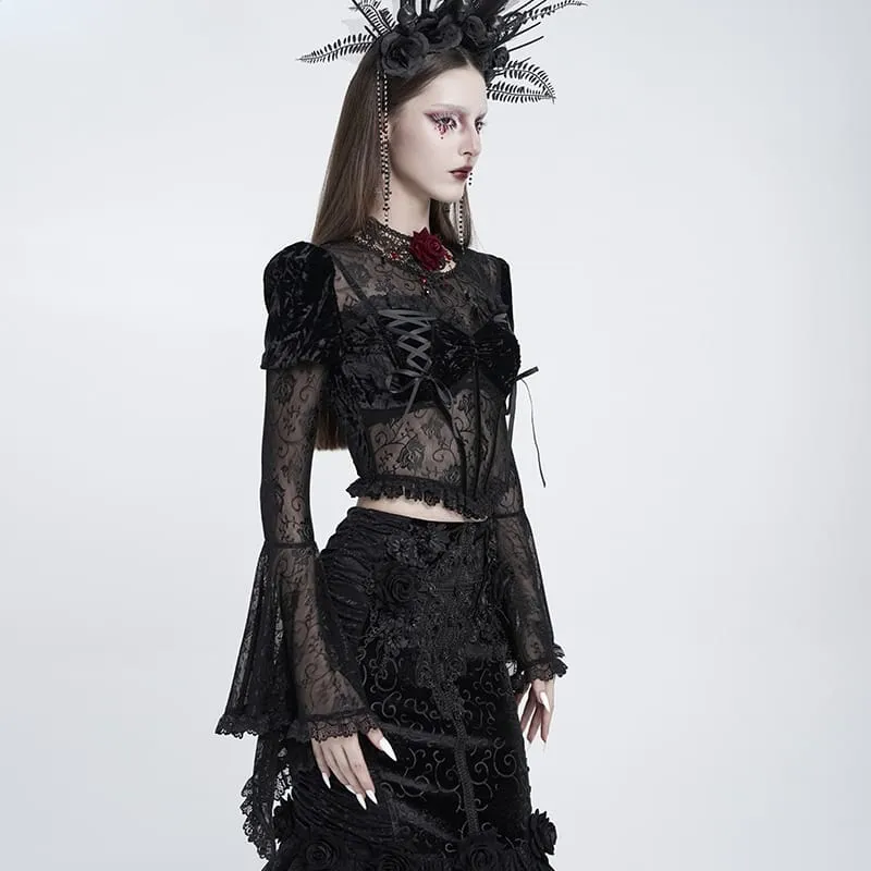 Gothic-Schnür-Samtoberteil für Damen mit Rosenmuster, Mesh-Einsätzen, Puffärmeln und ausgestelltem Rock