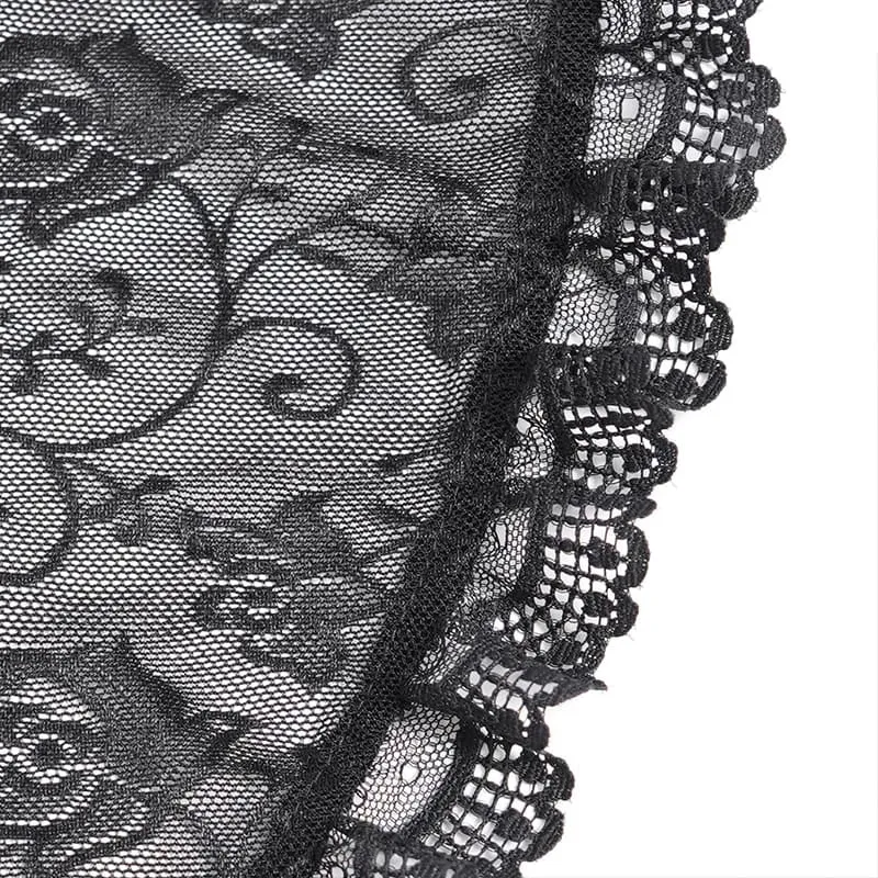 Gothic-Schnür-Samtoberteil für Damen mit Rosenmuster, Mesh-Einsätzen, Puffärmeln und ausgestelltem Rock