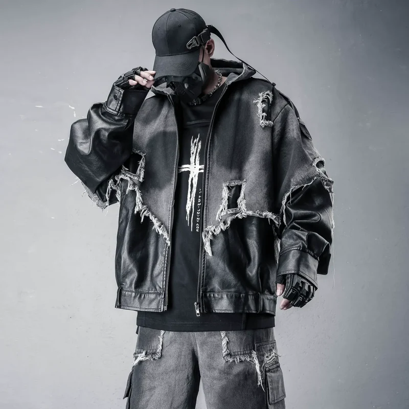Herren-Techwear-Kapuzenjacke mit Fransen, offenkantigem Patchwork-Design