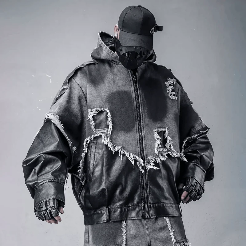 Herren-Techwear-Kapuzenjacke mit Fransen, offenkantigem Patchwork-Design