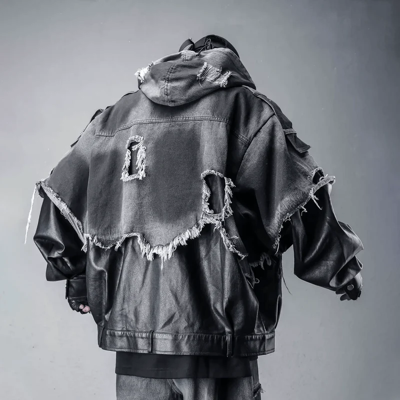 Herren-Techwear-Kapuzenjacke mit Fransen, offenkantigem Patchwork-Design