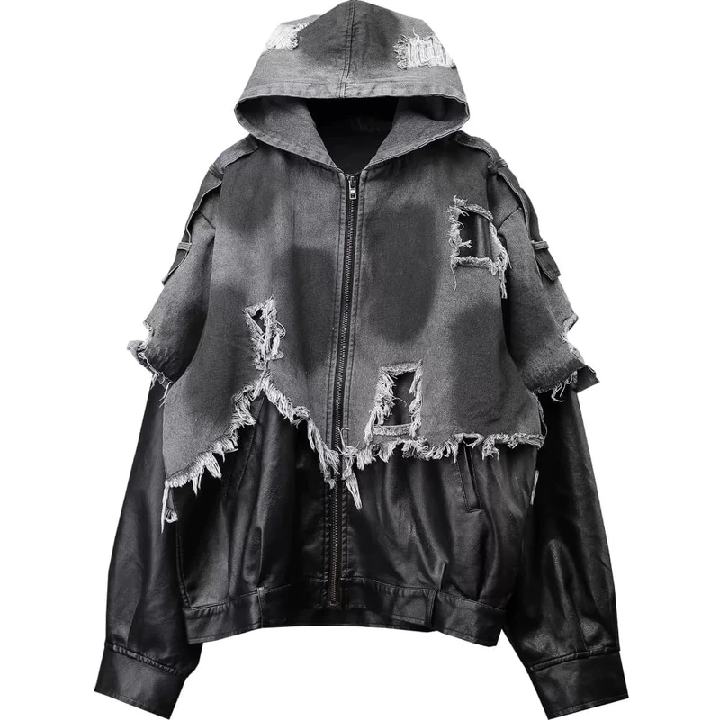Herren-Techwear-Kapuzenjacke mit Fransen, offenkantigem Patchwork-Design