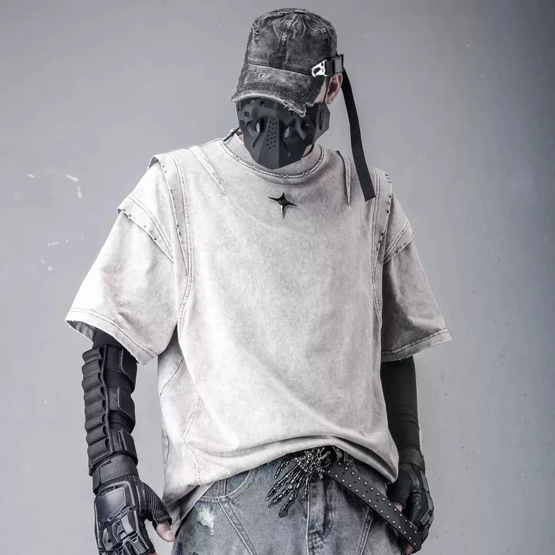 Herren Techwear Kurzarmshirt mit Sternenmuster und Used-Look, Grau
