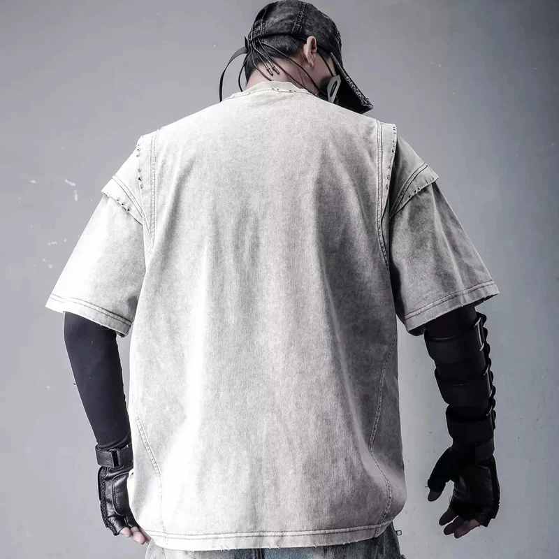 Herren Techwear Kurzarmshirt mit Sternenmuster und Used-Look, Grau
