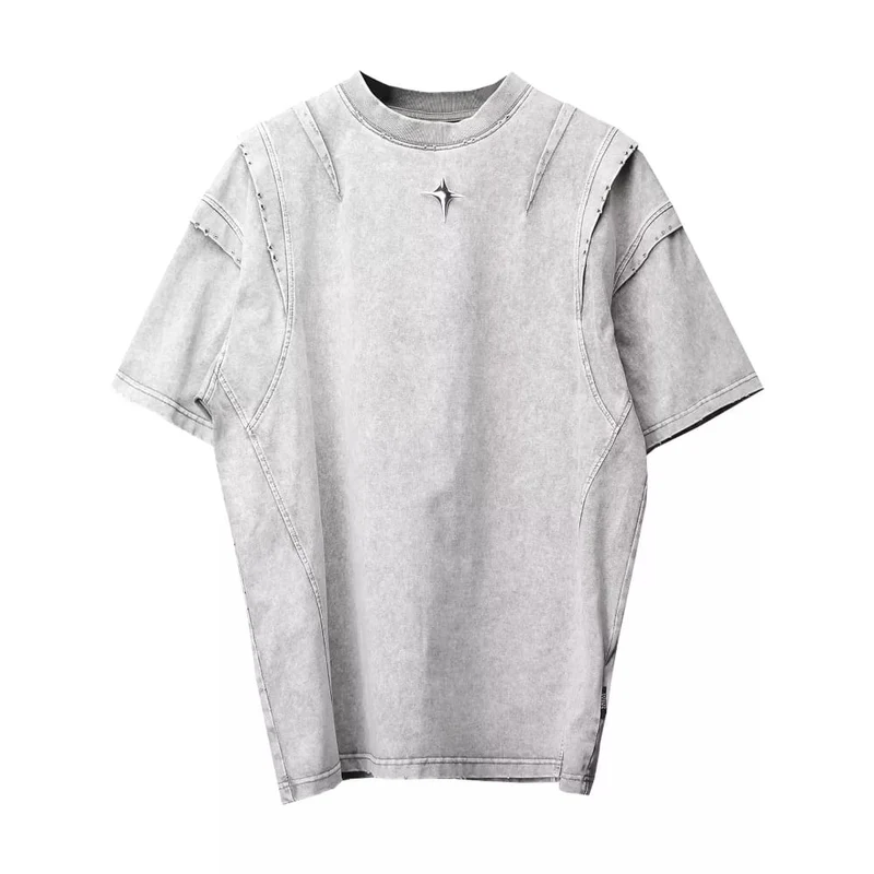 Herren Techwear Kurzarmshirt mit Sternenmuster und Used-Look, Grau