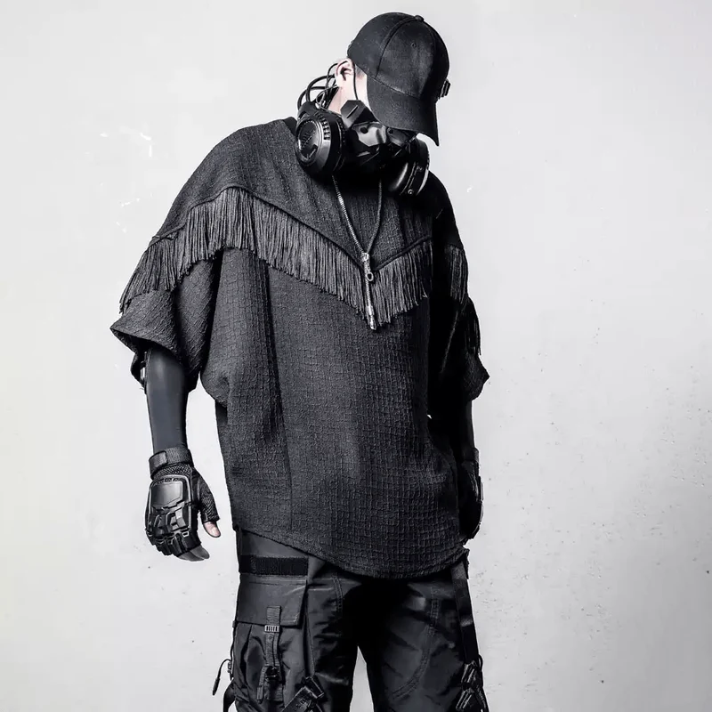 Herren-Techwear-Top mit Fransen, strukturierter Fledermausärmelform