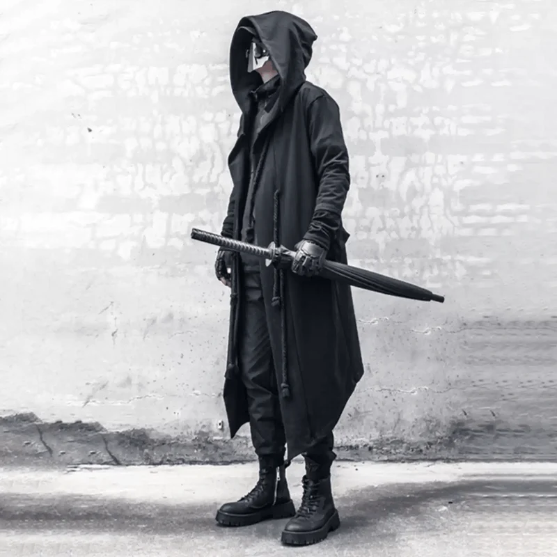 Herren-Techwear-Mantel mit Kapuze und Seildetails