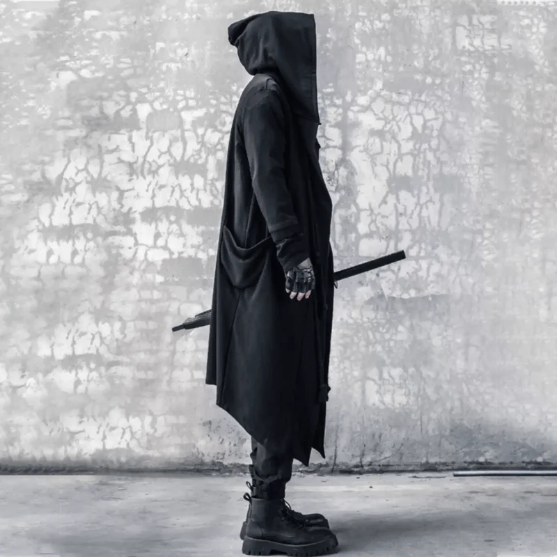 Herren-Techwear-Mantel mit Kapuze und Seildetails
