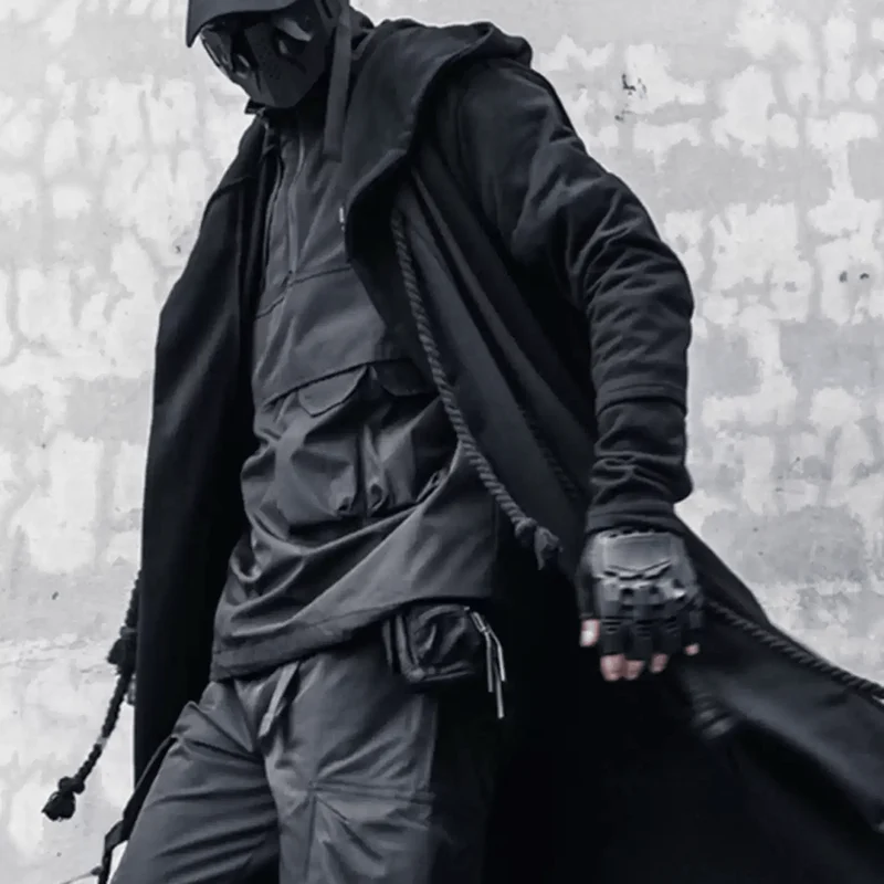 Herren-Techwear-Mantel mit Kapuze und Seildetails