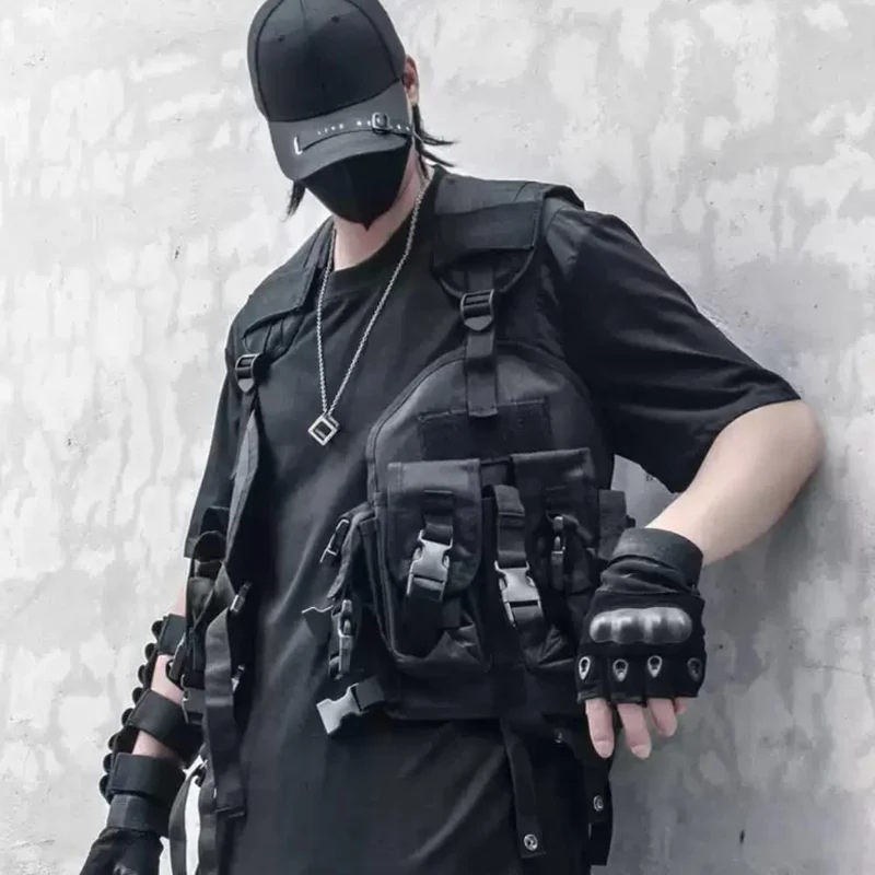 Herren-Techwear-Weste mit mehreren Schnallenriemen und mehreren Taschen