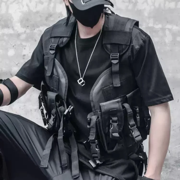 Herren-Techwear-Weste mit mehreren Schnallenriemen und mehreren Taschen
