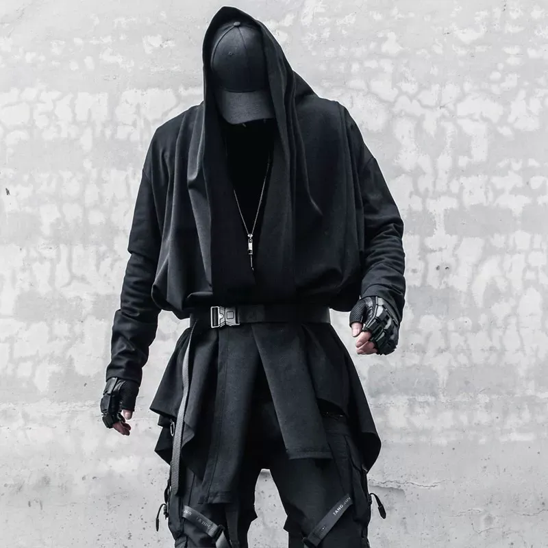 Offener Herren-Techwear-Mantel mit drapiertem Patchwork-Design, unregelmäßigem Saum und Gürtel