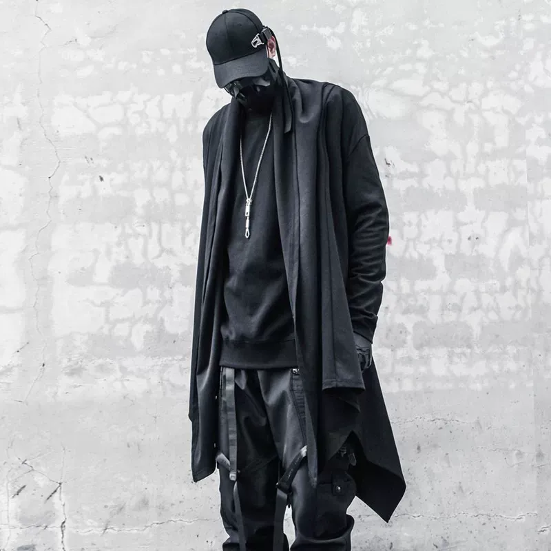 Offener Herren-Techwear-Mantel mit drapiertem Patchwork-Design, unregelmäßigem Saum und Gürtel