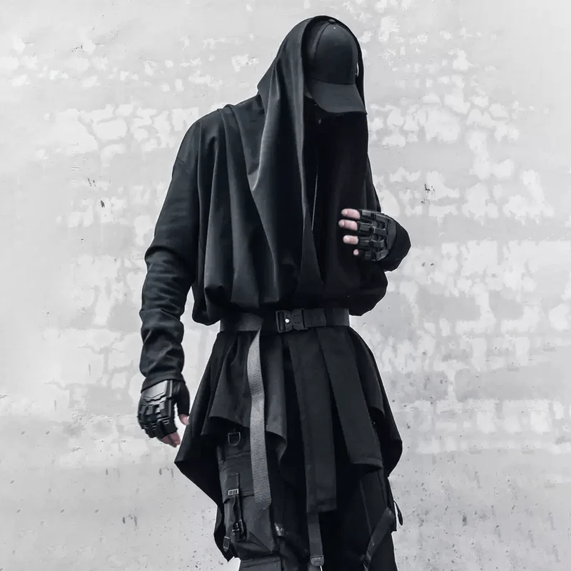 Offener Herren-Techwear-Mantel mit drapiertem Patchwork-Design, unregelmäßigem Saum und Gürtel