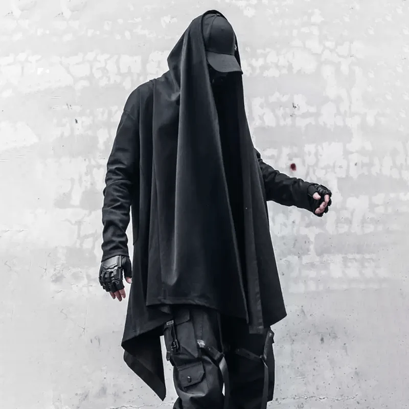 Offener Herren-Techwear-Mantel mit drapiertem Patchwork-Design, unregelmäßigem Saum und Gürtel