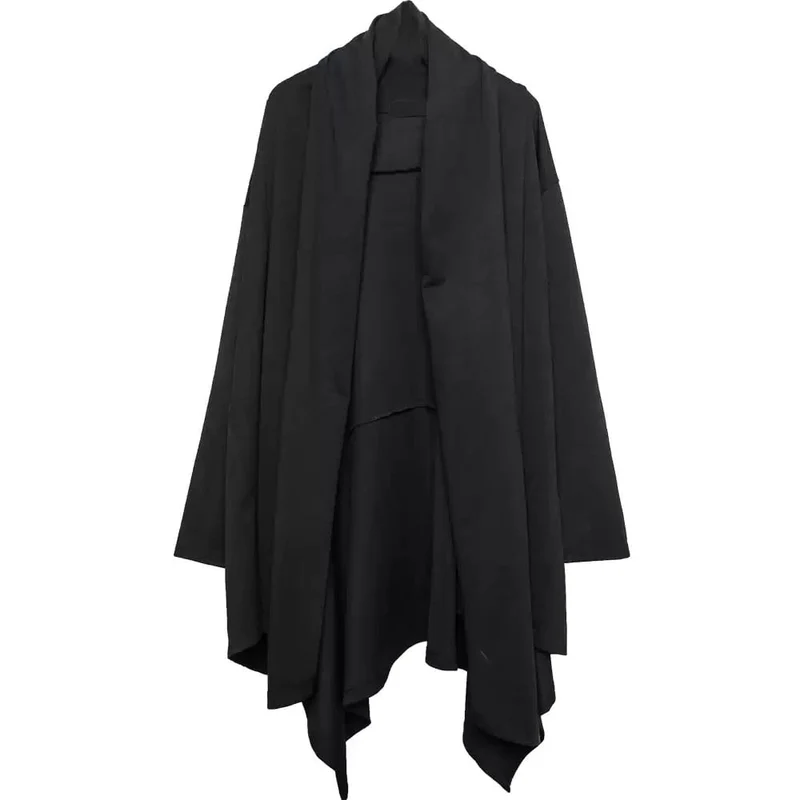 Offener Herren-Techwear-Mantel mit drapiertem Patchwork-Design, unregelmäßigem Saum und Gürtel