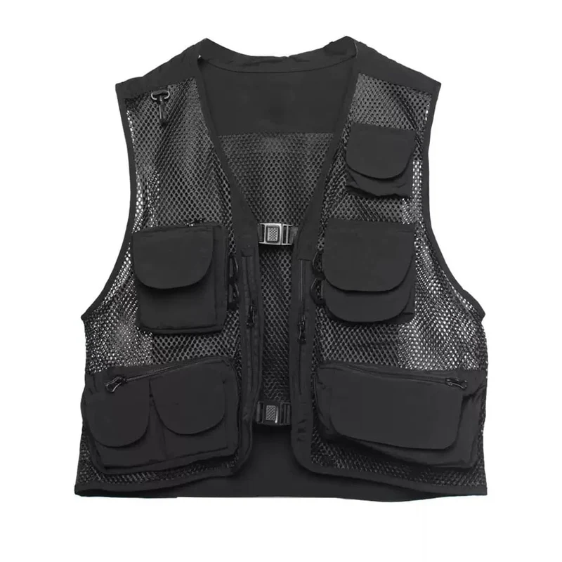 Herren-Techwear-Weste mit mehreren Taschen, Mesh-Einsätzen und Schnallen