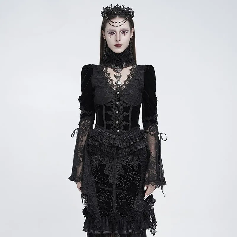 Schwarze Gothic-Bluse für Damen mit tiefem V-Ausschnitt, Schnürung, floraler Spitze und ausgestellten Ärmeln