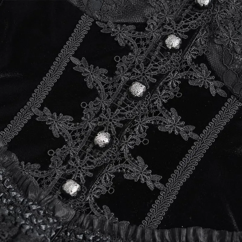 Schwarze Gothic-Bluse für Damen mit tiefem V-Ausschnitt, Schnürung, floraler Spitze und ausgestellten Ärmeln