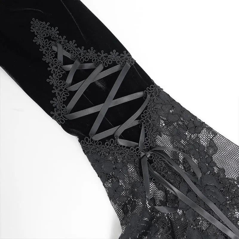 Schwarze Gothic-Bluse für Damen mit tiefem V-Ausschnitt, Schnürung, floraler Spitze und ausgestellten Ärmeln