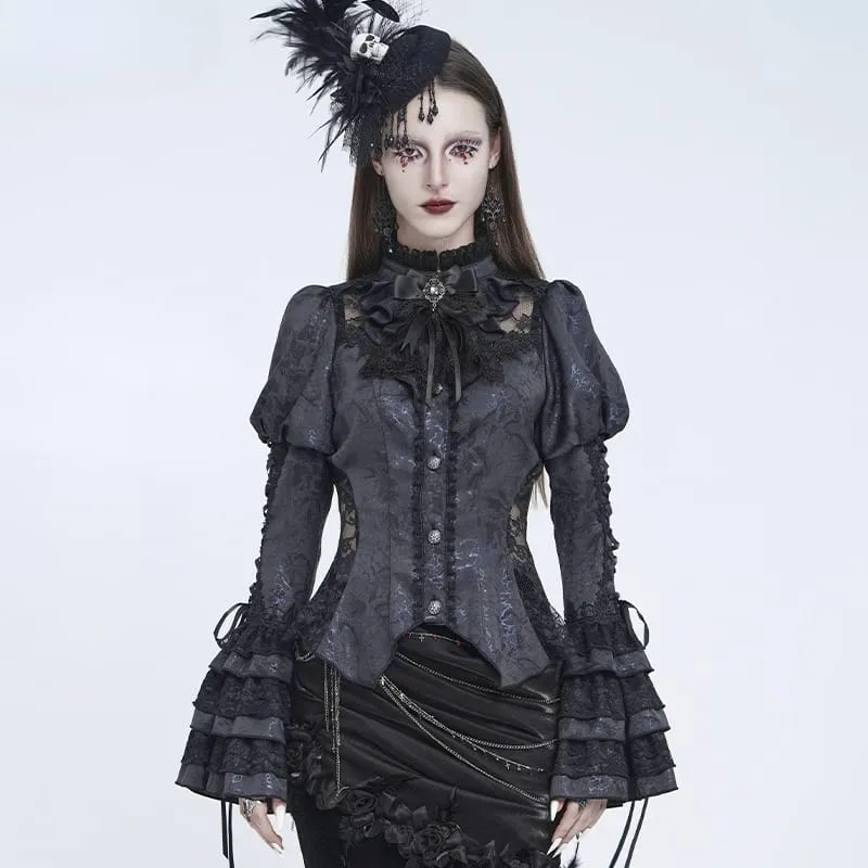 Gothic-Bluse für Damen mit floralem Spitzen-Patchwork, Schnürung und ausgestellten Puffärmeln