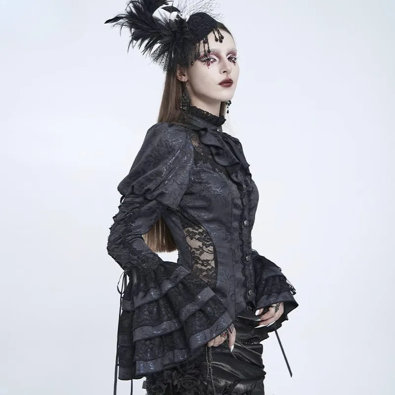 Gothic-Bluse für Damen mit floralem Spitzen-Patchwork, Schnürung und ausgestellten Puffärmeln