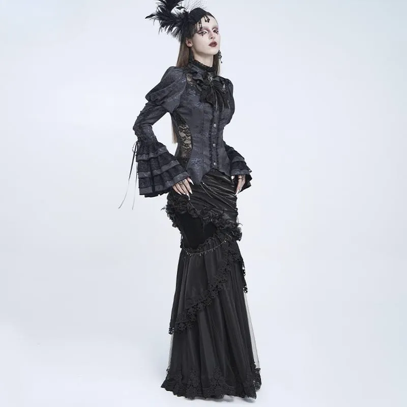 Gothic-Bluse für Damen mit floralem Spitzen-Patchwork, Schnürung und ausgestellten Puffärmeln