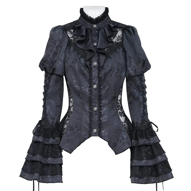 Gothic-Bluse für Damen mit floralem Spitzen-Patchwork, Schnürung und ausgestellten Puffärmeln