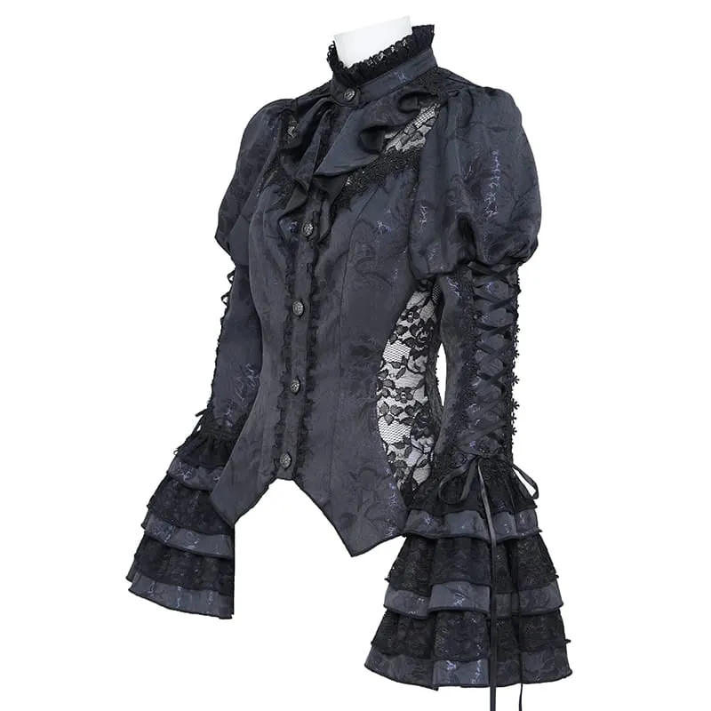 Gothic-Bluse für Damen mit floralem Spitzen-Patchwork, Schnürung und ausgestellten Puffärmeln
