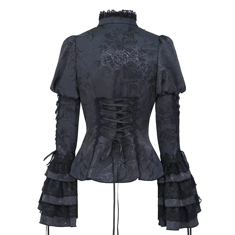 Gothic-Bluse für Damen mit floralem Spitzen-Patchwork, Schnürung und ausgestellten Puffärmeln