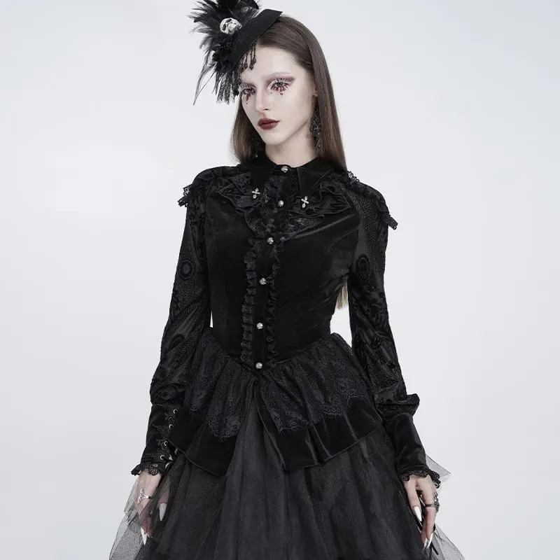 Gothic-Bluse für Damen mit Schnürung, Rüschenkragen und langen Ärmeln